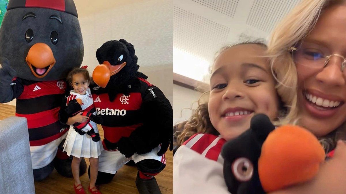 Enteada de Léo Pereira encanta com mascotes em jogo do Flamengo