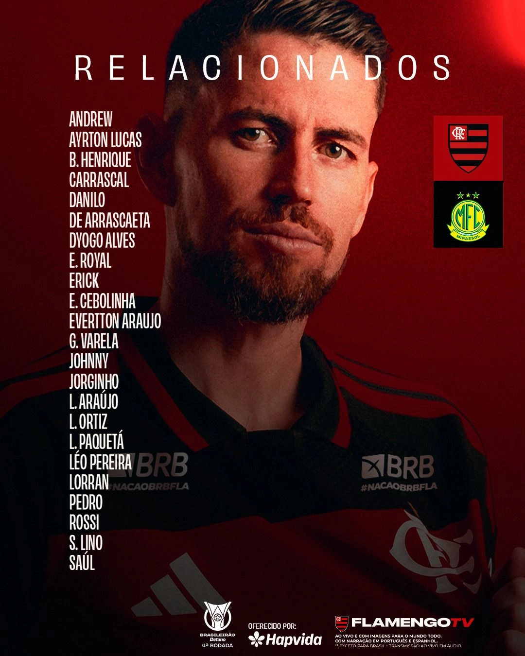 Flamengo divulga lista de relacionados para jogo contra o Mirassol