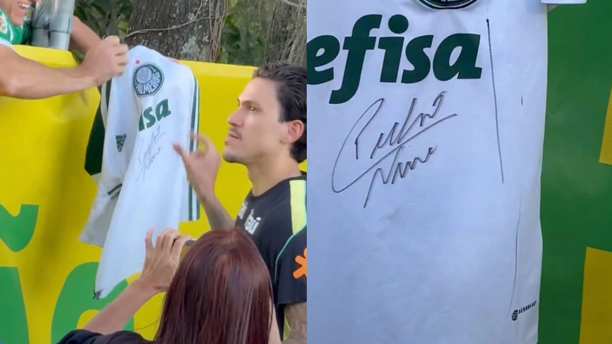 Pedro, do Flamengo, atende a pedido de torcedor do Palmeiras em meio a treino da Seleção