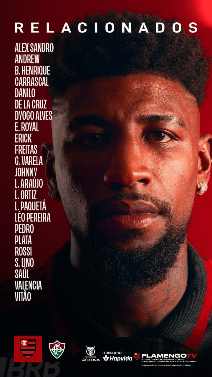 Com 4 desfalques, veja lista de relacionados do Flamengo para jogo contra o Fluminense, pelo Brasileirão