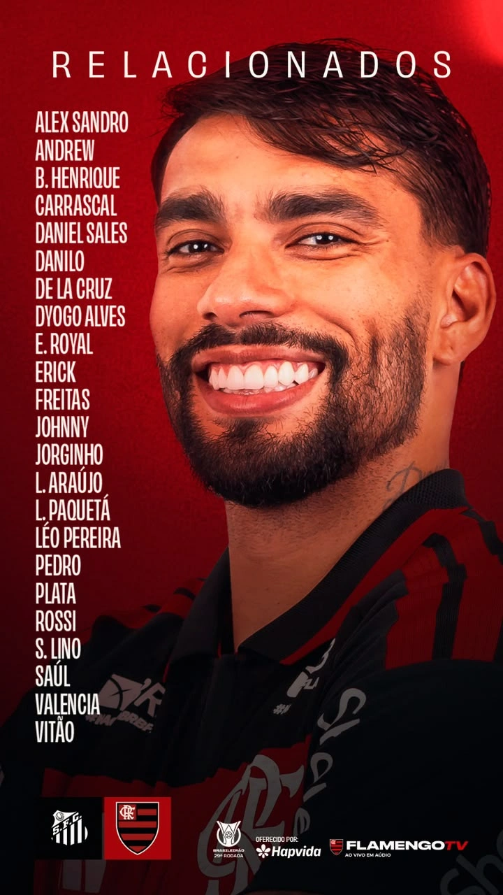 Com Pedro e Samuel Lino, veja lista de relacionados do Flamengo para jogo contra o Santos, pelo Brasileirão