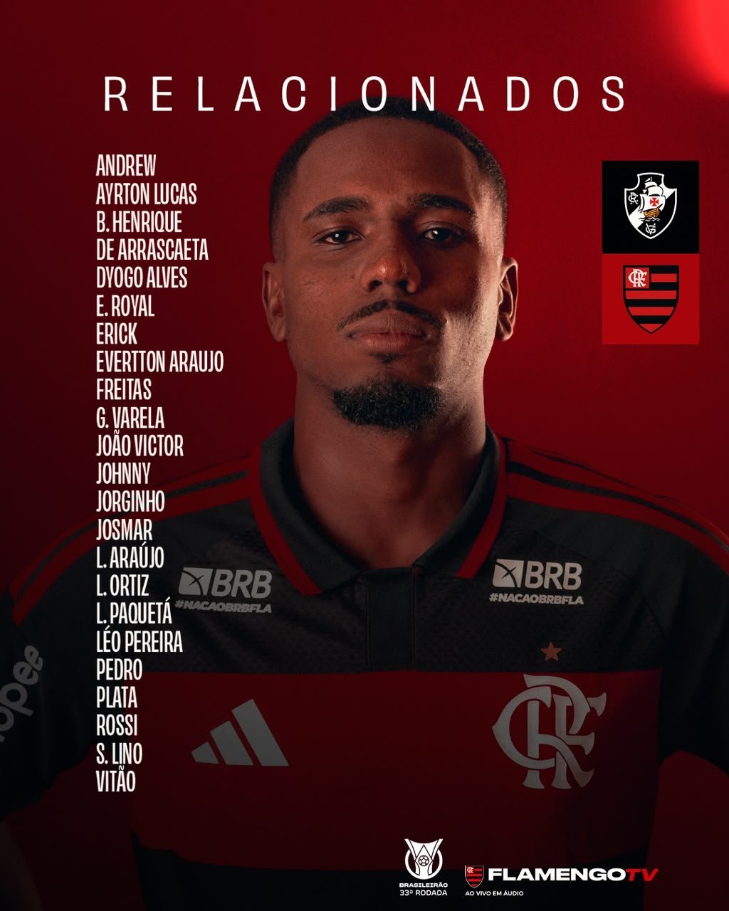 Flamengo divulga lista para o clássico contra o Vasco, com desfalques
