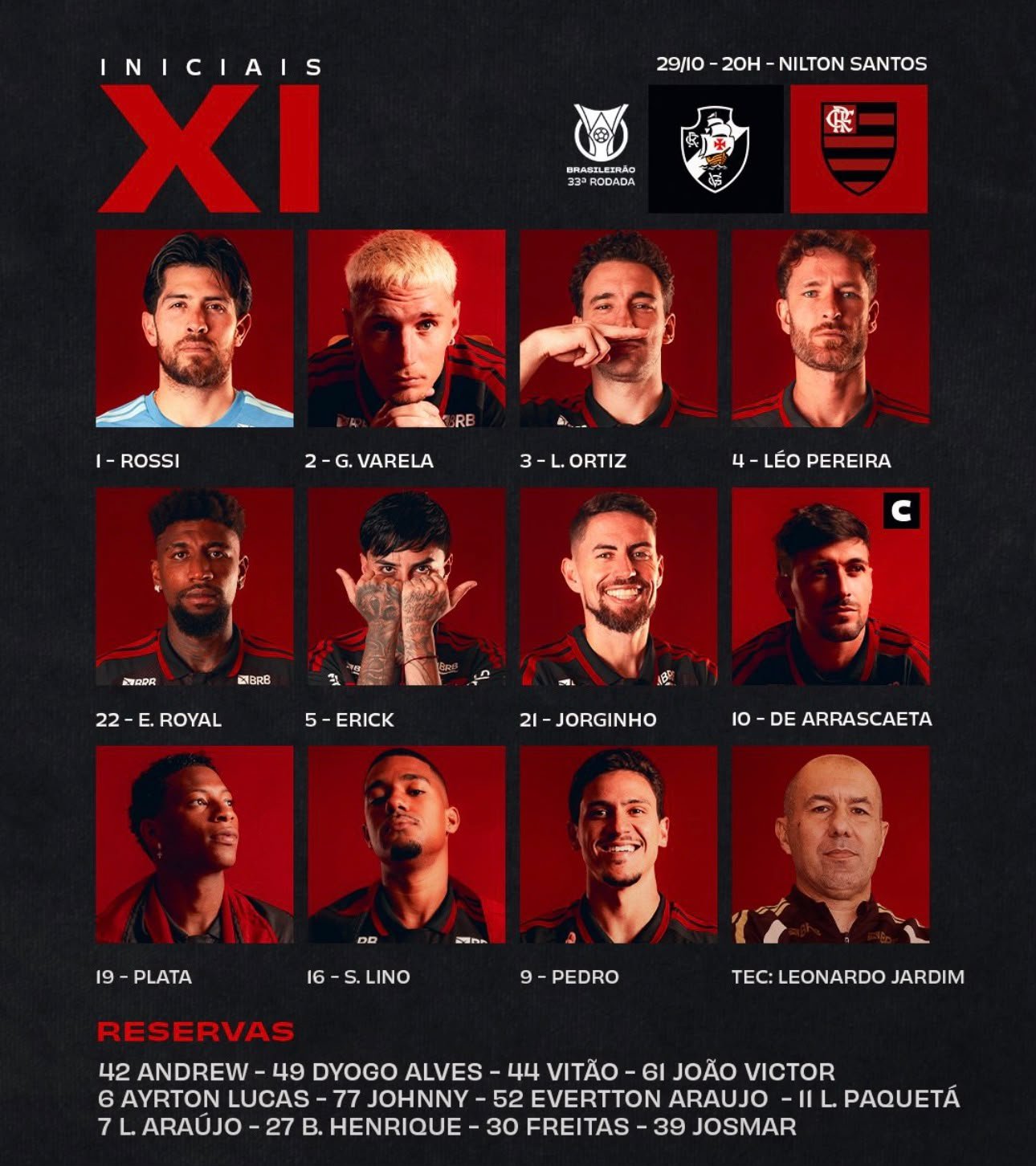 Flamengo e Vasco estão escalados para clássico pelo Brasileirão hoje; veja os times titulares