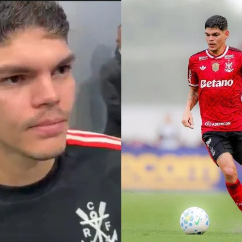 A comemoração de Ayrton Lucas após vitória do Flamengo sobre o Remo