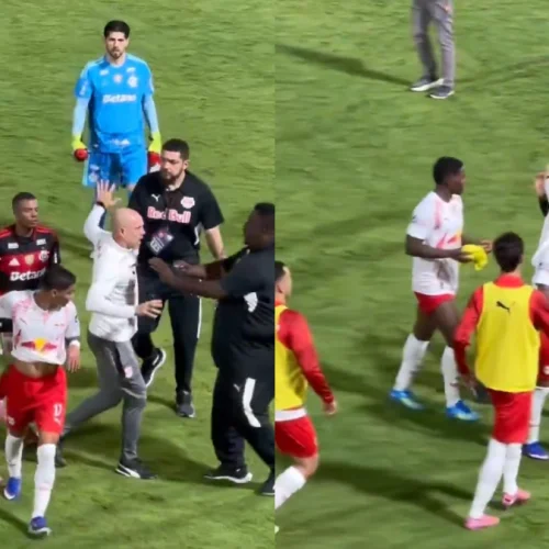 Auxiliar do Bragantino tenta agredir De La Cruz após jogo do Flamengo; veja vídeo