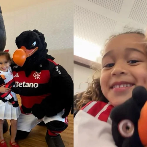 Enteada de Léo Pereira encanta com mascotes em jogo do Flamengo