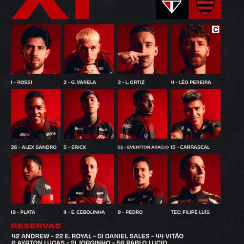 Flamengo divulga escalação para o jogo contra o São Paulo