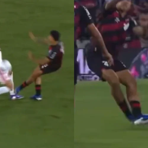 Jogador do Athletico-PR dá entrada criminosa em Paquetá e não é expulso em jogo do Flamengo; veja vídeo