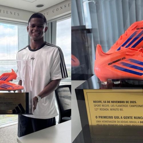 Jogador do Flamengo recebe homenagem por primeiro gol no profissional