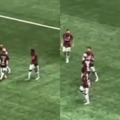 Léo Ortiz e Samuel Lino 'agridem' Varela após gol de Arrascaeta em Flamengo x Atlético-MG