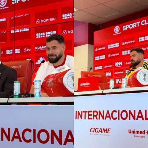 Matheus Cunha é apresentado no Internacional e cita o Flamengo