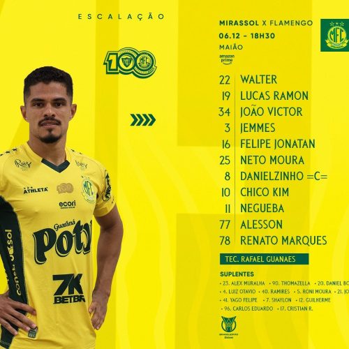 Mirassol divulga escalação para jogo contra o Flamengo
