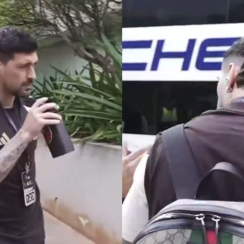 Policial para Arrascaeta antes de entrada em ônibus do Flamengo