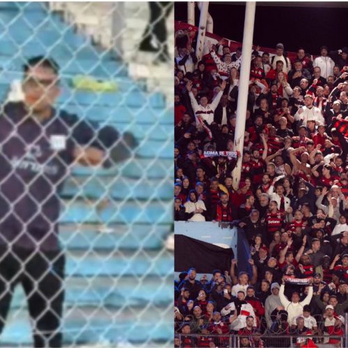 Torcedor do Racing faz gestos racistas para torcida do Flamengo