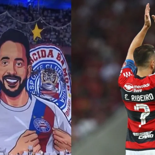 Torcida do Bahia homenageia ídolo do Flamengo em jogo contra o Palmeiras, pelo Brasileirão