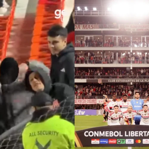 Vídeo flagra gestos racistas de torcedor do Estudiantes em direção à torcida do Flamengo