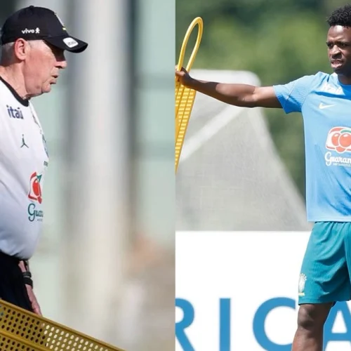 Vini Jr. e Ancelotti projetam jogo do Brasil x Marrocos em coletiva nesta sexta