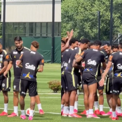 jogadores do Flamengo fazem trote com Neymar em treino da Seleção Brasileira
